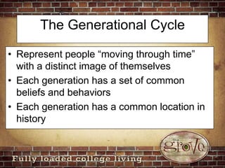 The Generational CycleRepresent people “moving through time” with a distinct image of themselvesEach generation has a set of common beliefs and behaviorsEach generation has a common location in history