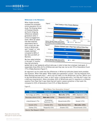 Millennials in the Workplace
                                     When Hodes recently
                                     surveyed the employed,
                                     online population for our
                                     study The Growing Value
                                     of Employer Brands,
                                     we found intriguing
                                     differences between
                                     generations when it
                                     comes to engagement
                                     levels. When we asked
                                     how well-matched
                                     respondents feel to
                                     their current job, two-
                                     thirds of Millennials
                                     said “closely” or “very
                                     closely matched,”
                                     compared to 80% of
                                     Gen Xers and 82% of
                                     Boomers.
                                     We then asked whether,
                                     in the past 12 months,
                                     they had voluntarily
                                     worked late or over weekends without extra pay in order to help their employer meet goals. A
                                     respectable three-fifths (61%) of Millennials said they had, but so did 72% of Generation X and
                                     77% of Baby Boomers (Figure F).
                                     An argument can be made that the differences in Millennial attitudes toward work predates
                                     the recession. When Pew asked “What makes your generation unique,” the top response from
                                     Baby Boomers was work ethic11, which did not make it to the Millennials’ top five. (Which isn’t
                                     to say that Millennials don’t have, or don’t value, a strong work ethic, but they don’t view it as
                                     a defining characteristic). More concretely, 66% of Millennials said (in response to a different
                                     question from Pew) that it was likely they will switch careers sometime in their work life,
                                     compared to 55% of Generation X and 31% of Baby Boomers12.

                                     Figure G
                                                                   What Makes Your Generation Unique?
                                           Millennials              Generation X          Baby Boomers         Silent Generation
                                      Technology use (24%)       Technology use (12%)    Work ethic (17%)    WWII, Depression (14%)
                                      Music/pop culture (11%)      Work ethic (11%)      Respectful (14%)        Smarter (13%)
                                                                      Conservative/
                                       Liberal/tolerant (7%)                            Values/morals (8%)       Honest (12%)
                                                                    Traditional (7%)

                                          Smarter (6%)              Smarter (6%)        “Baby Boomers”(6%)     Work ethic (10%)
                                           Clothes (5%)            Respectful (5%)         Smarter (5%)       Values/morals (10%)
                                      Source: Pew Research (2009)

Please refer to the end of this
white paper for sources and links.

  www.hodes.com/research	5
 