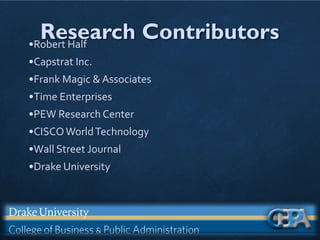 Research Contributors
•Robert Half
•Capstrat Inc.
•Frank Magic & Associates
•Time Enterprises
•PEW Research Center
•CISCOWorldTechnology
•Wall Street Journal
•Drake University
 