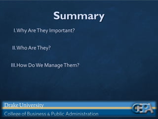 Summary
I.Why AreThey Important?
II.Who AreThey?
III.How DoWe ManageThem?
 