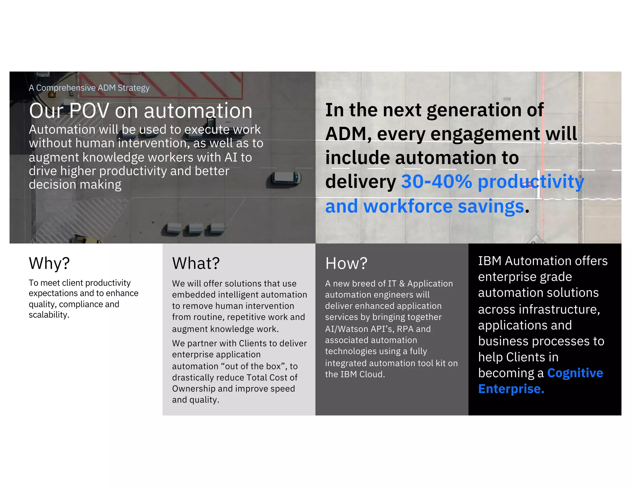 2323
Why?
To meet client productivity
expectations and to enhance
quality, compliance and
scalability.
Our POV on automation
Automation will be used to execute work
without human intervention, as well as to
augment knowledge workers with AI to
drive higher productivity and better
decision making
A Comprehensive ADM Strategy
In the next generation of
ADM, every engagement will
include automation to
delivery 30-40% productivity
and workforce savings.
IBM Automation offers
enterprise grade
automation solutions
across infrastructure,
applications and
business processes to
help Clients in
becoming a Cognitive
Enterprise.
What?
We will offer solutions that use
embedded intelligent automation
to remove human intervention
from routine, repetitive work and
augment knowledge work.
We partner with Clients to deliver
enterprise application
automation “out of the box”, to
drastically reduce Total Cost of
Ownership and improve speed
and quality.
How?
A new breed of IT & Application
automation engineers will
deliver enhanced application
services by bringing together
AI/Watson API’s, RPA and
associated automation
technologies using a fully
integrated automation tool kit on
the IBM Cloud.
 
