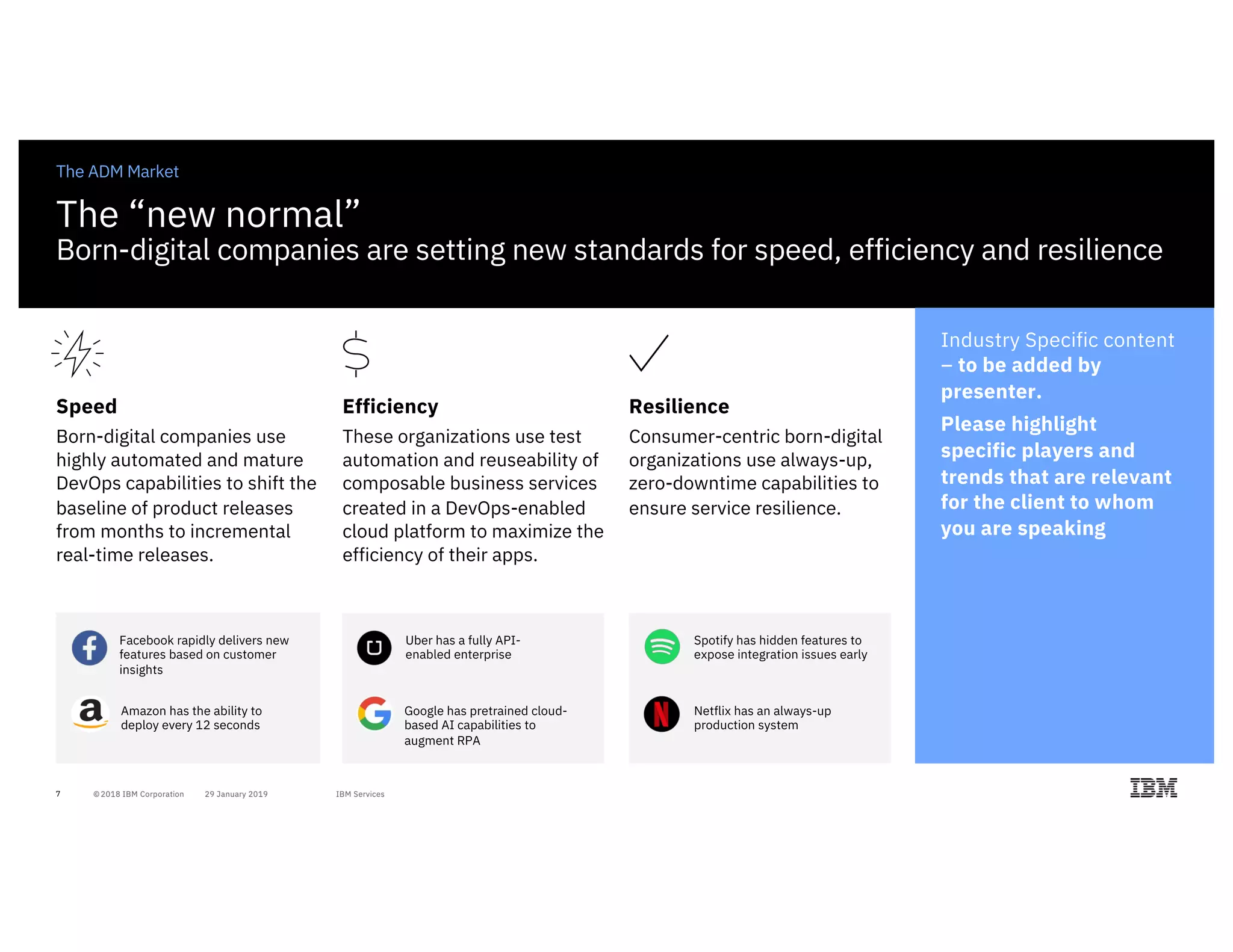 7
The ADM Market
Speed
Born-digital companies use
highly automated and mature
DevOps capabilities to shift the
baseline of product releases
from months to incremental
real-time releases.
Resilience
Consumer-centric born-digital
organizations use always-up,
zero-downtime capabilities to
ensure service resilience.
Efficiency
These organizations use test
automation and reuseability of
composable business services
created in a DevOps-enabled
cloud platform to maximize the
efficiency of their apps.
The “new normal”
Born-digital companies are setting new standards for speed, efficiency and resilience
Facebook rapidly delivers new
features based on customer
insights
Amazon has the ability to
deploy every 12 seconds
Uber has a fully API-
enabled enterprise
Google has pretrained cloud-
based AI capabilities to
augment RPA
Spotify has hidden features to
expose integration issues early
Netflix has an always-up
production system
Industry Specific content
– to be added by
presenter.
Please highlight
specific players and
trends that are relevant
for the client to whom
you are speaking
 