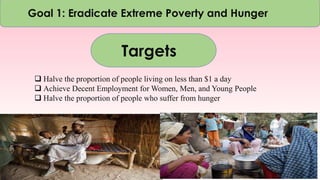  Halve the proportion of people living on less than $1 a day
 Achieve Decent Employment for Women, Men, and Young People
 Halve the proportion of people who suffer from hunger
Goal 1: Eradicate Extreme Poverty and Hunger
Targets
 