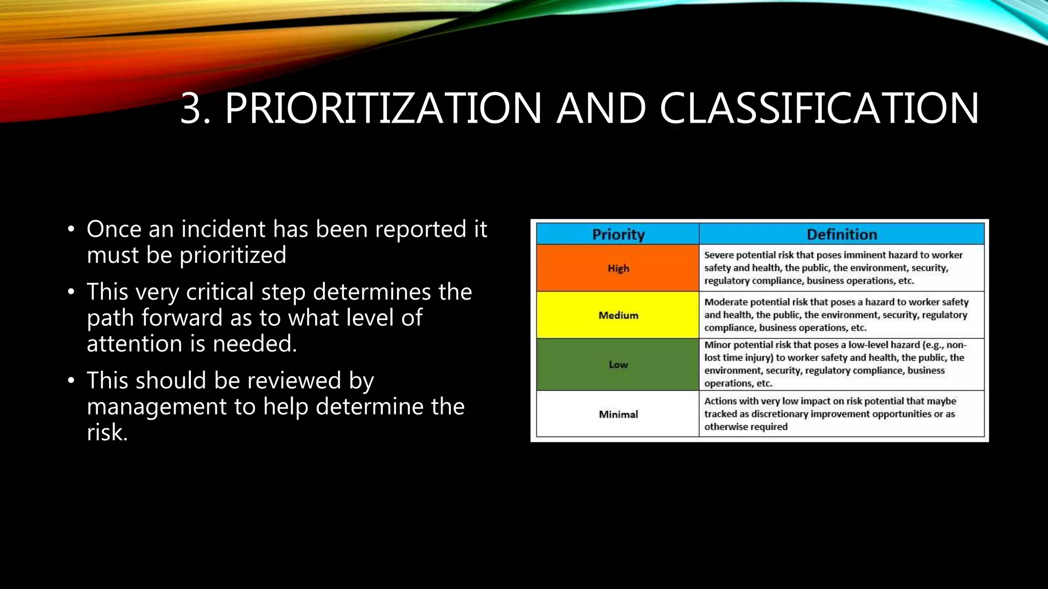 3. PRIORITIZATION AND CLASSIFICATION
• Once an incident has been reported it
must be prioritized
• This very critical step determines the
path forward as to what level of
attention is needed.
• This should be reviewed by
management to help determine the
risk.
 