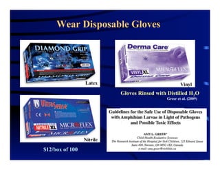 Wear Disposable Gloves
Gloves Rinsed with Distilled H2O
Greer et al. (2009)
Latex Vinyl
Nitrile
$12/box of 100
 