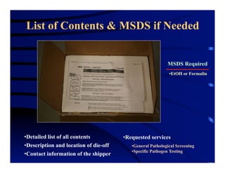 List of Contents & MSDS if Needed
• Detailed list of all contents
• Description and location of die-off
• Requested services
• Contact information of the shipper
▪ General Pathological Screening
▪ Specific Pathogen Testing
MSDS Required
▪ EtOH or Formalin
 