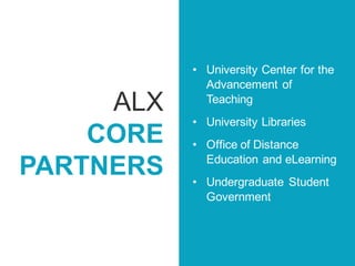 ALX
CORE
PARTNERS
• University Center for the
Advancement of
Teaching
• University Libraries
• Office of Distance
Educatio...