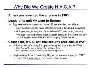 Why Did We Create N.A.C.A.?
–   Americans invented the airplane in 1903
–   Leadership quickly went to Europe
    –   Aggressive investments created European technical lead
        –   American firms fought (over patents) instead of building & innovating
        –   U.S. govt bought very few planes before WWI, weakening industry
        –   10 nations created aeronautical research programs before the US govt
             –   U.S. finally creates NACA in 1915, copying British model

–   Caused major U.S. national security problems in WWI
    – U.S. was forced to buy European-designed airplanes for WWI
        –   U.S. Trainer/Bombers: British De Havilland DH-4
        –   U.S. Fighters: French Nieuport 28 and the Spad XIII

    – Dayton-Wright Corp. was only Dayton airplane company in 1917
        –   built 3,604 British-designed De Havilland DH-4s for WWI
 