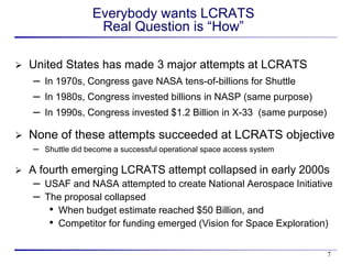 Everybody wants LCRATS
                      Real Question is “How”

   United States has made 3 major attempts at LCRATS
     – In 1970s, Congress gave NASA tens-of-billions for Shuttle
     – In 1980s, Congress invested billions in NASP (same purpose)
     – In 1990s, Congress invested $1.2 Billion in X-33 (same purpose)
   None of these attempts succeeded at LCRATS objective
    –   Shuttle did become a successful operational space access system

   A fourth emerging LCRATS attempt collapsed in early 2000s
    – USAF and NASA attempted to create National Aerospace Initiative
    – The proposal collapsed
       • When budget estimate reached $50 Billion, and
       • Competitor for funding emerged (Vision for Space Exploration)

                                                                          7
 