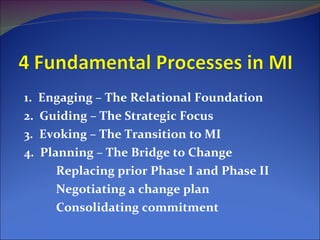 1.  Engaging – The Relational Foundation 2.  Guiding – The Strategic Focus 3.  Evoking – The Transition to MI 4.  Planning...