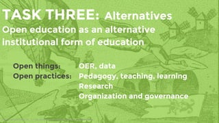 Public Domain Image: N°. 2 – Les utopies de la navigation aérienne au siècle dernier
TASK THREE: Alternatives
Open education as an alternative
institutional form of education
Open things: OER, data
Open practices: Pedagogy, teaching, learning
Research
Organization and governance
 