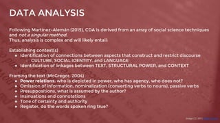 DATA ANALYSIS
Image CC (BY) Angie Garrett
Following Martínez-Alemán (2015), CDA is derived from an array of social science...
