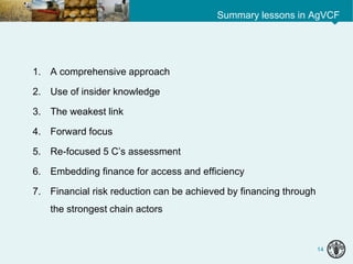 Summary lessons in AgVCF
14
1. A comprehensive approach
2. Use of insider knowledge
3. The weakest link
4. Forward focus
5. Re-focused 5 C’s assessment
6. Embedding finance for access and efficiency
7. Financial risk reduction can be achieved by financing through
the strongest chain actors
 