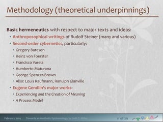Methodology (theoretical underpinnings)
Basic hermeneutics with respect to major texts and ideas:
• Anthroposophical writings of Rudolf Steiner (many and various)
• Second-order cybernetics, particularly:
• Gregory Bateson
• Heinz von Foerster
• Francisco Varela
• Humberto Maturana
• George Spencer-Brown
• Also: Louis Kaufmann, Ranulph Glanville

• Eugene Gendlin’s major works:
• Experiencing and the Creation of Meaning
• A Process Model

February, 2014

Towards an Aesthetic Epistemology, by Seth T. Miller

11 of 29

 