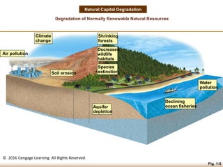 © 2016 Cengage Learning. All Rights Reserved.
Fig. 1-5
Natural Capital Degradation
Degradation of Normally Renewable Natural Resources
Climate
change
Shrinking
forests
Air pollution
Decreased
wildlife
habitats
Species
extinction
Soil erosion
Water
pollution
Declining
ocean fisheries
Aquifer
depletion
 