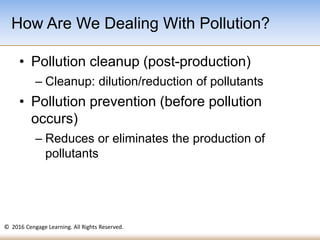 © 2016 Cengage Learning. All Rights Reserved.
• Pollution cleanup (post-production)
– Cleanup: dilution/reduction of pollutants
• Pollution prevention (before pollution
occurs)
– Reduces or eliminates the production of
pollutants
How Are We Dealing With Pollution?
 