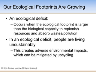 © 2016 Cengage Learning. All Rights Reserved.
• An ecological deficit:
– Occurs when the ecological footprint is larger
than the biological capacity to replenish
resources and absorb wastes/pollution
• In an ecological deficit, people are living
unsustainably
– This creates adverse environmental impacts,
which can be mitigated by upcycling
Our Ecological Footprints Are Growing
 