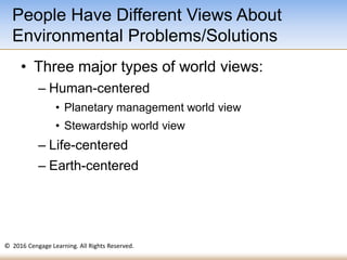 © 2016 Cengage Learning. All Rights Reserved.
• Three major types of world views:
– Human-centered
• Planetary management world view
• Stewardship world view
– Life-centered
– Earth-centered
People Have Different Views About
Environmental Problems/Solutions
 
