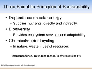 © 2016 Cengage Learning. All Rights Reserved.
• Dependence on solar energy
– Supplies nutrients, directly and indirectly
• Biodiversity
– Provides ecosystem services and adaptability
• Chemical/nutrient cycling
– In nature, waste = useful resources
Interdependence, not independence, is what sustains life
Three Scientific Principles of Sustainability
 