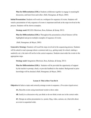 48
Plan for Differentiation (UDL): Students collaborate together to engage in meaningful
discussion, and learn from each other. (Hall, Strangman, & Meyer, 2003)
Initial Presentation: Students will work on a webquest for sequence of events. Students will
watch a presentation of why sequence of events is important and look at the steps involved in the
process. Students will be shown examples.
Strategy used: RULEG (Morrison, Ross, Kalman, & Kemp, 2013)
Plan for Differentiation (UDL): Throughout the presentation critical features will be
highlighted and given multiple examples of sequence of events.
(Hall, Strangman, & Meyer, 2003)
Generative Strategy: Students will recall the steps involved in the sequencing process. Students
will be asked to read a passage about a common task (e.g., getting ready for school, making a
sandwich, etc.), the task will not be in the correct sequence. Students must order the events in the
appropriate steps.
Strategy used: Integration (Morrison, Ross, Kalman, & Kemp, 2013)
Plan for Differentiation (UDL): Students will be provided the opportunity of support
by the teacher to prompt, check, or provide feedback to the student. Background or prior
knowledge will be checked. (Hall, Strangman, & Meyer, 2003)
Lesson 4: This is How You Do It
Objective 4: Select a topic and correctly arrange events in sequence. (Procedure/Application)
4A. Describe events using transitional words to show order.
4B. Justify in a discussion why you think or do not think events are in the correct order.
4C. Design an online presentation (i.e. poster, blog, video, cartoon, etc.) that tells about
an event in sequential order.
 