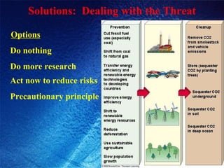 Solutions:  Dealing with the Threat Options Do nothing Do more research Act now to reduce risks Precautionary principle 
