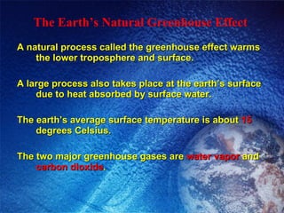 The Earth’s Natural Greenhouse Effect   A natural process called the greenhouse effect warms the lower troposphere and surface. A large process also takes place at the earth’s surface due to heat absorbed by surface water. The earth’s average surface temperature is about  15  degrees Celsius. The two major greenhouse gases are  water vapor  and  carbon dioxide . 
