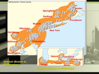 Boston Springfield Hartford Providence Newark Allentown Harrisburg New York Philadelphia Baltimore Washington Detroit Cleveland Pittsburgh Toledo Akron Chicago Chipitts (Chicago to Pittsburgh) Bowash (Boston to Washington) 