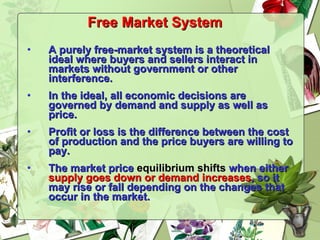 Free Market System A purely free-market system is a theoretical ideal where buyers and sellers interact in markets without government or other interference. In the ideal, all economic decisions are governed by demand and supply as well as price. Profit or loss is the difference between the cost of production and the price buyers are willing to pay. The market price  equilibrium shifts  when either  supply goes down or demand increases , so it may rise or fall depending on the changes that occur in the market. 