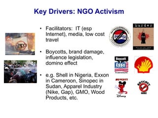 Key Drivers: NGO Activism
• Facilitators: IT (esp
Internet), media, low cost
travel
• Boycotts, brand damage,
influence legislation,
domino effect
• e.g. Shell in Nigeria, Exxon
in Cameroon, Sinopec in
Sudan, Apparel Industry
(Nike, Gap), GMO, Wood
Products, etc.
 
