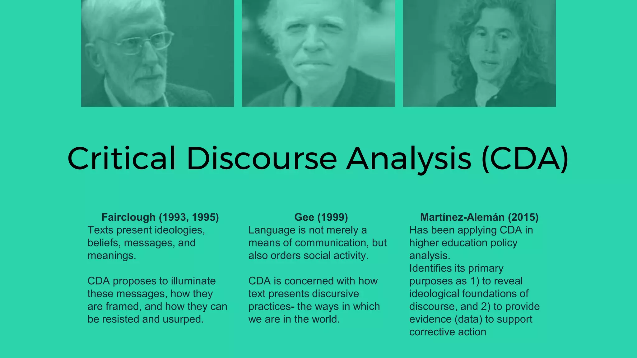 Fairclough (1993, 1995)
Texts present ideologies,
beliefs, messages, and
meanings.
CDA proposes to illuminate
these messages, how they
are framed, and how they can
be resisted and usurped.
Gee (1999)
Language is not merely a
means of communication, but
also orders social activity.
CDA is concerned with how
text presents discursive
practices- the ways in which
we are in the world.
Martínez-Alemán (2015)
Has been applying CDA in
higher education policy
analysis.
Identifies its primary
purposes as 1) to reveal
ideological foundations of
discourse, and 2) to provide
evidence (data) to support
corrective action
Critical Discourse Analysis (CDA)
 