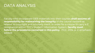 DATA ANALYSIS
Image CC (BY) Angie Garrett
Faculty who incorporate OER materials into their courses shall assume all
respon...
