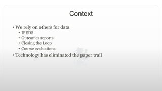 Context
• We rely on others for data
• IPEDS
• Outcomes reports
• Closing the Loop
• Course evaluations
• Technology has eliminated the paper trail
 