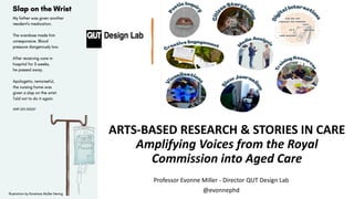 ARTS-BASED RESEARCH & STORIES IN CARE
Amplifying Voices from the Royal
Commission into Aged Care
Professor Evonne Miller - Director QUT Design Lab
@evonnephd
 