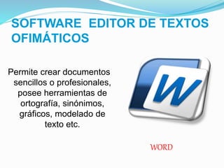 SOFTWARE EDITOR DE TEXTOS
OFIMÁTICOS
WORD
Permite crear documentos
sencillos o profesionales,
posee herramientas de
ortografía, sinónimos,
gráficos, modelado de
texto etc.
 