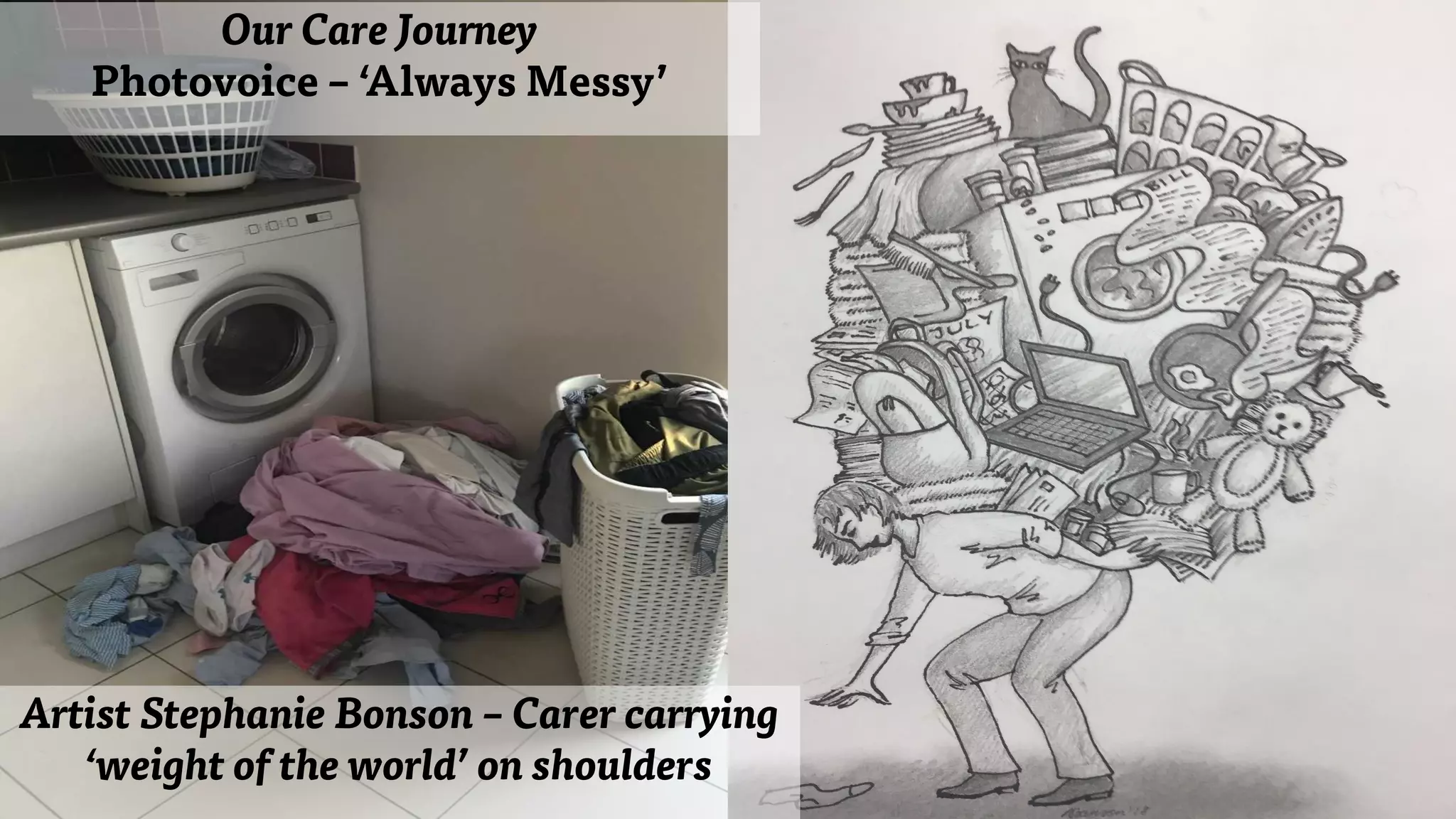Our Care Journey
Photovoice – ‘Always Messy’
Artist Stephanie Bonson – Carer carrying
‘weight of the world’ on shoulders
 