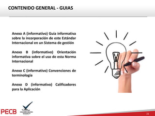 21
CONTENIDO	GENERAL	- GUIAS
Anexo A (informativo) Guía informativa
sobre la incorporación de este Estándar
Internacional ...