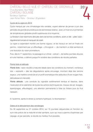 13
Cycle de la vigne en 2014
Cycle marqué par une climatologie très variable, voyant alterner de janvier à juin des
périodes de grande pluviosité puis de sécheresse relative ; avec un hiver et un printemps
de températures globales plutôt supérieures à la moyenne.
La floraison s’est néanmoins déroulée dans de bonnes conditions, avant un été – juillet / août –
régulièrement arrosé et manquant de soleil.
La vigne a cependant montré une bonne vigueur, et les travaux en vert en finale ont
permis - notamment par un effeuillage « chirurgical » - de maintenir un état sanitaire et
une évolution du raisin prometteurs.
Puis, dès le 1er
septembre, le passage à un climat « estival », de belles journées douces
et nuits fraîches, a délivré jusque fin octobre des conditions de récolte parfaites.
Points forts et délicats
Points forts : raisin récolté à maturité idéale dans les conditions du moment, nombreux
lots « explosifs » dès les dégustations après encuvage, montrant déjà des tannins
soyeux, une matière construite et un profil aromatique très séducteur (fruits rouges frais,
délicatesse et intensité).
Points délicats : une conduite du vignoble extrêmement tendue et réactive, dans
l’exécution et le calendrier de toutes les actions techniques (ex. travaux de sol, levages,
épamprages, effeuillages), une attention permanente à l’état du foliaire puis du fruit
naissant.
A l’automne, après le stress (y compris hydrique), la récompense !
Dates et le déroulement des vendanges
Du 30 septembre au 21 octobre 2014, sur 15 journées séquencées en fonction du
suivi très précis de la maturité et état sanitaire, suivi qui nous a permis d’optimiser par
cépage, et par parcelle, la récolte du meilleur fruit possible.
CHÂTEAU BELLE-VUE ET CHÂTEAU DE GIRONVILLE
Crus Bourgeois, Haut-Médoc
CHÂTEAU BOLAIRE
Bordeaux Supérieur
Jean-Michel Marle - Directeur d’Exploitation
201
4
...
 