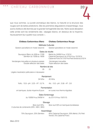 19
	 C H Â T E A U C A R B O N N I E U X
que nous sommes. La pureté aromatique des blancs, la maturité et la structure des
rouges sont de belles prédictions. Dès les premières dégustations d’assemblage, nous
avons d’ailleurs été étonnés par la grande homogénéité des lots. Notre seule déception
cette année sont les rendements des cépages blancs, en dessous de la moyenne,
heureusement leur qualité nous console ».
Mars 2015
201
4
...
Château Carbonnieux Blanc Chateau Carbonnieux Rouge
Méthode Culturale
Gestion parcellaire en mode raisonné Gestion parcellaire en mode raisonné
Dates de récolte
Sauvignon Blanc du 3/09 au 17/09
Sémillon du 12/09 au 19/09
Merlot du 24/09/14 au 1/10/14
Cabernet Sauvignon du 2/10/14 au 15/10/14
Cabernet Franc le 7/10/14 et Petit Verdot le 2/10/14
Vendanges manuelles en plusieurs passes
Double sélection des baies
Vendanges manuelles
Triple sélection des baies
Nombre de lots
25 23
Légère macération pelliculaire si nécessaire
Rendement
34 hl/ha 45 hl/ha
%Alc : 12.8 - pH : 3.25 - AT : 5.2 % Alc : 13.5 - pH : 3.58 - AT : 3.8
Fermentation
en barriques, durée moyenne 8 jours en cuves inox thermo-régulées
Date d’entonnage
du 10/09/14 au 24/09/14 du 27/11/14 au 15/01/15
Elevage
Bois neuf 20%,
3 volumes de contenants (225 l, 400 l, 30hl)
Bois neuf 35% en barriques bordelaises
Assemblage
75% Sauvignon, 25% Sémillon 60% Cabernet Sauvignon, 30% Merlot, 5% Petit
Verdot, 5% Cabernet Franc
 