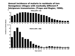 Annual incidence of malaria in residents of two
Senegalese villages with markedly different P
falciparum transmission. (Trape and Rogier, 1996).
 