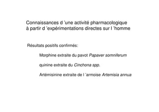 Connaissances d ’une activité pharmacologique
à partir d ’expérimentations directes sur l ’homme


Résultats positifs confirmés:

      Morphine extraite du pavot Papaver somniferum

      quinine extraite du Cinchona spp.

      Artémisinine extraite de l ’armoise Artemisia annua
 