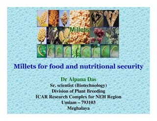 Millets for food and nutritional security
                Dr Alpana Das
           Sr. scientist (Biotechnology)
            Division of Plant Breeding
      ICAR Research Complex for NEH Region
                 Umiam – 793103
                    Meghalaya
 
