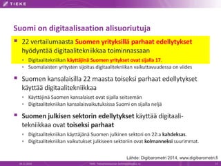 Suomi on digitaalisaation alisuoriutuja 
 22 vertailumaasta Suomen yrityksillä parhaat edellytykset 
hyödyntää digitaalitekniikkaa toiminnassaan 
 Digitaalitekniikan käyttäjinä Suomen yritykset ovat sijalla 17. 
 Suomalaisten yritysten sijoitus digitaalitekniikan vaikuttavuudessa on viides 
 Suomen kansalaisilla 22 maasta toiseksi parhaat edellytykset 
käyttää digitaalitekniikkaa 
 Käyttäjinä Suomen kansalaiset ovat sijalla seitsemän 
 Digitaalitekniikan kansalaisvaikutuksissa Suomi on sijalla neljä 
 Suomen julkisen sektorin edellytykset käyttää digitaali-tekniikkaa 
ovat toiseksi parhaat 
 Digitaalitekniikan käyttäjänä Suomen julkinen sektori on 22:a kahdeksas. 
 Digitaalitekniikan vaikutukset julkiseen sektoriin ovat kolmanneksi suurimmat. 
Lähde: Digibarometri 2014, www.digibarometri.fi 
19.11.2014 TIEKE Tietoyhteiskunnan kehittämiskeskus ry 17 
 