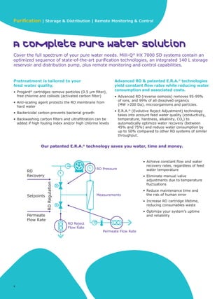 Purification | Storage & Distribution | Remote Monitoring & Control
4
A Complete Pure Water Solution
Cover the full spectrum of your pure water needs. Milli-Q®
HX 7000 SD systems contain an
optimized sequence of state-of-the-art purification technologies, an integrated 140 L storage
reservoir and distribution pump, plus remote monitoring and control capabilities.
Pretreatment is tailored to your
feed water quality.
• Progard®
cartridges remove particles (0.5 μm filter),
free chlorine and colloids (activated carbon filter)
• Anti-scaling agent protects the RO membrane from
hard water
• Bactericidal carbon prevents bacterial growth
• Backwashing carbon filters and ultrafiltration can be
added if high fouling index and/or high chlorine levels
Advanced RO & patented E.R.A.®
technologies
yield constant flow rates while reducing water
consumption and associated costs.
• Advanced RO (reverse osmosis) removes 95-99%
of ions, and 99% of all dissolved organics
(MW >200 Da), microorganisms and particles.
• E.R.A.®
(Evolutive Reject Adjustment) technology
takes into account feed water quality (conductivity,
temperature, hardness, alkalinity, CO2) to
automatically optimize water recovery (between
45% and 75%) and reduce water consumption by
up to 50% compared to other RO systems of similar
throughput.
• Achieve constant flow and water
recovery rates, regardless of feed
water temperature
• Eliminate manual valve
adjustments due to temperature
fluctuations
• Reduce maintenance time and
the risk of human error
• Increase RO cartridge lifetime,
reducing consumables waste
• Optimize your system’s uptime
and reliability
=
=
M
M
RO
Regulation
Setpoints
Permeate
Flow Rate
RO Reject
Flow Rate
RO
Recovery
RO Pressure
Measurements
Permeate Flow Rate
Our patented E.R.A.®
technology saves you water, time and money.
4
 