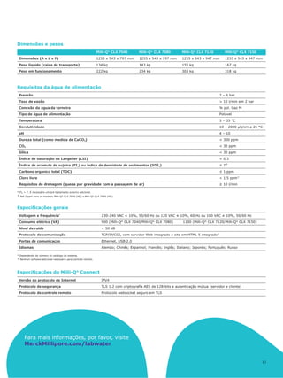 Dimensões e pesos
Milli-Q®
CLX 7040 Milli-Q®
CLX 7080 Milli-Q®
CLX 7120 Milli-Q®
CLX 7150
Dimensões (A x L x P) 1255 x 543 x 797 mm 1255 x 543 x 797 mm 1255 x 543 x 947 mm 1255 x 543 x 947 mm
Peso líquido (caixa de transporte) 134 kg 143 kg 155 kg 167 kg
Peso em funcionamento 222 kg 234 kg 303 kg 318 kg
Requisitos da água de alimentação
Pressão 2 – 6 bar
Taxa de vazão  10 l/min em 2 bar
Conexão da água da torneira ¾ pol. Gaz M
Tipo de água de alimentação Potável
Temperatura 5 – 35 °C
Condutividade 10 – 2000 μS/cm a 25 °C
pH 4 – 10
Dureza total (como medida de CaCO3)  300 ppm
CO2  30 ppm
Sílica  30 ppm
Índice de saturação de Langelier (LSI)  0,3
Índice de acúmulo de sujeira (FI5) ou índice de densidade de sedimentos (SDI5) ≤ 7*
Carbono orgânico total (TOC) ≤ 1 ppm
Cloro livre  1,5 ppm†
Requisitos de drenagem (queda por gravidade com a passagem de ar) ≥ 10 l/min
* FI5  7: É necessário um pré-tratamento externo adicional.
† Até 3 ppm para os modelos Milli-Q®
CLX 7040 (HC) e Milli-Q®
CLX 7080 (HC).
Especificações gerais
Voltagem e frequência*
230-240 VAC ± 10%, 50/60 Hz ou 120 VAC ± 10%, 60 Hz ou 100 VAC ± 10%, 50/60 Hz
Consumo elétrico (VA) 900 (Milli-Q®
CLX 7040/Milli-Q®
CLX 7080) 1100 (Milli-Q®
CLX 7120/Milli-Q®
CLX 7150)
Nível de ruído  50 dB
Protocolo de comunicação TCP/IP/CGI, com servidor Web integrado e site em HTML 5 integrado†
Portas de comunicação Ethernet, USB 2.0
Idiomas Alemão; Chinês; Espanhol; Francês; Inglês; Italiano; Japonês; Português; Russo
* Dependendo do número do catálogo do sistema.
† Nenhum software adicional necessário para controle remoto.
Especificações do Milli-Q®
Connect
Versão do protocolo de Internet IPV4
Protocolo de segurança TLS 1.2 com criptografia AES de 128-bits e autenticação mútua (servidor e cliente)
Protocolo de controle remoto Protocolo websocket seguro em TLS
11
Para mais informações, por favor, visite
MerckMillipore.com/labwater
 