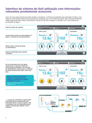 6
Interface do sistema de fácil utilização com informações
relevantes prontamente acessíveis
Com sua nova tela sensível ao toque ampla e inovadora, o sistema é projetado para operação intuitiva, com
todas as informações disponíveis prontamente acessíveis em um formato de painel. Nove idiomas diferentes
estão disponíveis para maior conveniência. Nunca foi tão fácil navegar e interagir com o seu sistema de
purificação de água!
Se for necessária troca de algum
consumível, o sistema exibirá um
alerta amarelo piscante, com 15 dias
de antecedência. Basta tocar no símbolo
de alerta amarelo para abrir uma nova
tela...
... na qual um assistente o guiará pelo
procedimento de manutenção com
instruções fáceis e passo a passo. Não
é necessário ser um especialista para
realizar manutenção regular no seu
sistema!
Status claro e visível de todos
os consumíveis
Zona de notificação para alertas
e alarmes
A tela ampla mostra as informações da
água e o volume de armazenamento
Zona de status do sistema
Agora é possível visualizar e
controlar a interface do seu
sistema remotamente, através
do Milli-Q®
Connect.
Veja mais informações nas
páginas 8 e 9.
 