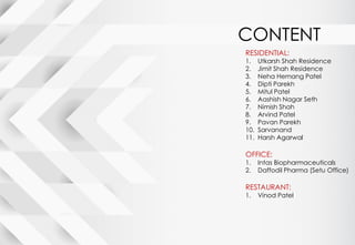 RESIDENTIAL:
1. Utkarsh Shah Residence
2. Jimit Shah Residence
3. Neha Hemang Patel
4. Dipti Parekh
5. Mitul Patel
6. Aashish Nagar Seth
7. Nimish Shah
8. Arvind Patel
9. Pavan Parekh
10. Sarvanand
11. Harsh Agarwal
OFFICE:
1. Intas Biopharmaceuticals
2. Daffodil Pharma (Setu Office)
RESTAURANT:
1. Vinod Patel
CONTENT
 