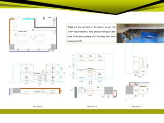 Elevation A Elevation B
A B
C
Elevation C
These are the sections of the pantry. As per the
clients requirements I have provide storage on two
sides of the pantry where staff can keep their lunch
boxes and stuff.
 