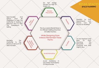 Exposing The
Customer To The
Maximum Amount Of
Merchandise
Avoid Monotony In
Circulation And Display
Of Merchandise
Do Not Hesitate To Be
Bold Or Even
Shocking. This
Stimulates The
Customer And Their
Urge To Buy.
Flexibility So That
Departments And
Fixtures Can Be
Moved Or Modified
Do Not Design
Fixtures Too High Or
Stoop Low
The Successful Retail Store Is
An Efficient Selling Machine
Or Sales Factory.
While Designing Store
Interiors Remember These
Points:
Merchandise And
Space Must Be
Organised To Help The
Customer In Making A
Selection And To Help
The Salesperson In
Selling
Avoid Monotony
Fixtures
Placement
 