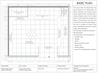 BASIC PLAN
Site Location
Gaurav Path Road,
Vaishali Nagar, Ajmer
Stage Of Project:
Basic Plan
Project Brief:
Retail Design Project
(Space Planning)
Project Detail
Total Area- 598 Sq. Ft.
Designed And Created By:
Milli Jain
2nd Yr. Commercial Design Diploma,
NSQF Level 6 Of NSDC
The Layout Gives The Detail About The
Space Planning Of A Retail Store. For
Space Planning I First Learned About
Various Types Of Plans. Amongst Them I
Choose Straight Layout For My Retail
Store. As These Floor Plans Are Ideal For
Newer, Local Businesses And Also One
Of The Most Economical Store Designs.
The Site Is Located At Gaurav Path
Road, Near Reebok Showroom, Vaishali
Nagar, Ajmer, Rajasthan.
The Total Area Covered By The Store Is
598 Square Feet.
The Areas Which I Have Provided Are
• Transition Zone
• Storage
• Pantry
• Billing And Wrap Counter
• Display Units
• Window Display
• Space For Changing Window Display.
 