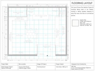 FLOORING LAYOUT
Site Location
Gaurav Path Road,
Vaishali Nagar, Ajmer
Stage Of Project:
Flooring layout
Project Brief:
Retail Design Project
(Space Planning)
Project Detail
Total Area- 598 Sq. Ft.
Designed And Created By:
Milli Jain
2nd Yr. Commercial Design Diploma,
NSQF Level 6 Of NSDC
This Layout Shows The details of Types Of
Floorings Being Used In My Design,
Flooring Is Being Applied Keeping In
Mind The wear and tear at commercial
spaces.
Kajaria Tiles
Code- Arctic Bianca
Size- 2’X2’
Total Area- 598 Sq. Ft.
Total No. Of Tiles- 156
 